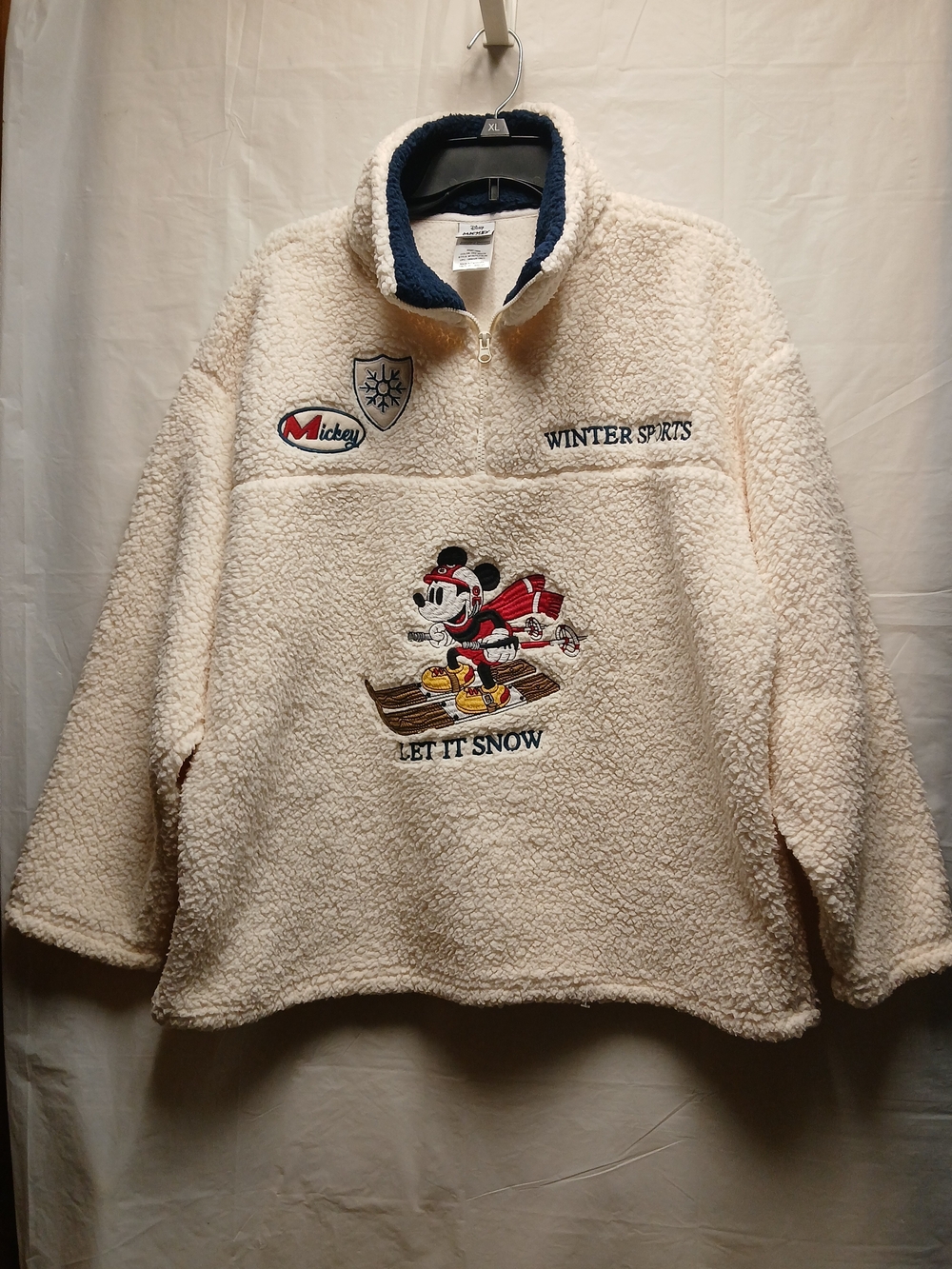 Disney Off White Sherpa Pullover with Navy Trim and Mickey Mouse Ski Graphic